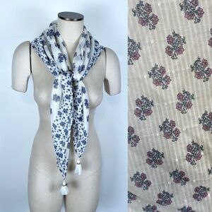Ivory Floral Pink Blue Tassel Swiss Dot Gauzy Square Scarf 38” x 38”